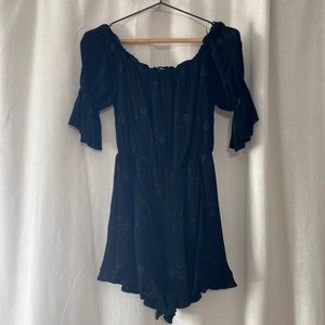 Gauzy off the shoulder embroidered romper